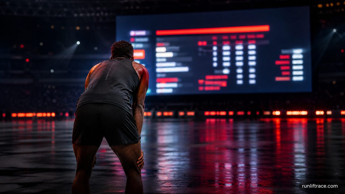 レース後にアリーナの大型スクリーンでリザルトを確認する選手